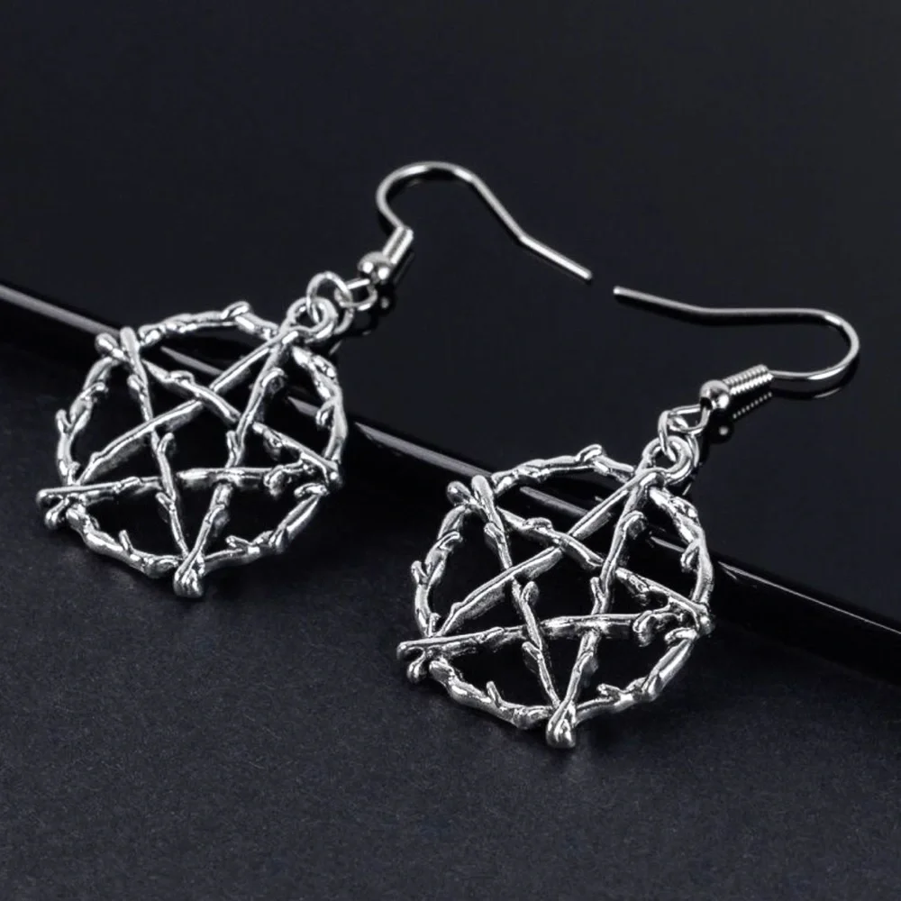 Silver Barbed Wire Pentagram Drop Earrings